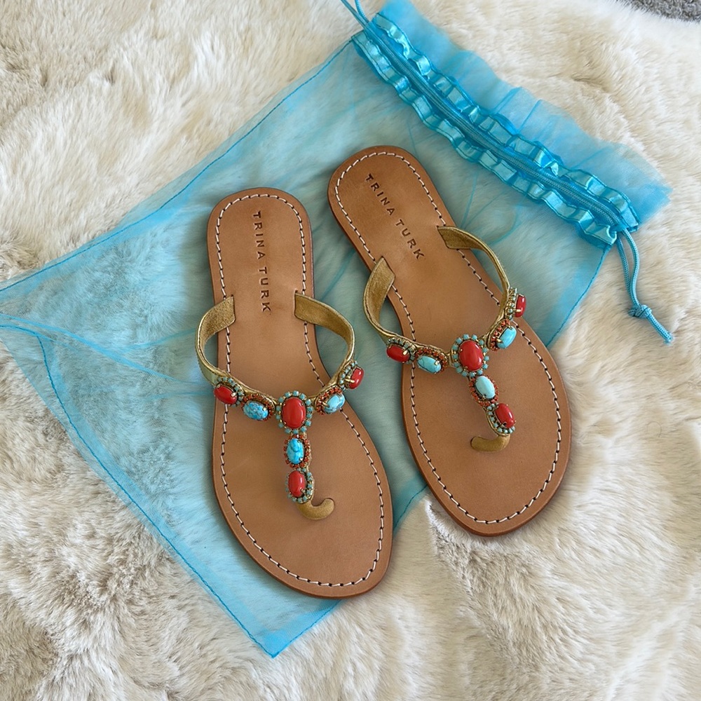 NEW Trina Turk Jeweled Stone Sandals 7 turquoise coral stones resort wear